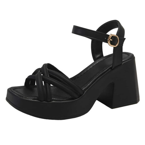 Xfvqtps Flatform Sandals Women Elastic Strap Chunky Block High Heels Crisscross Straps Open Toe Solid Color Soft Sole Comfortable Breathable Dressy Casual Summer Sandals Black