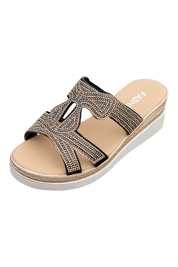 Flatform Sandals Women Slide Wedge Rhinestone Soft Sole Non Slip Beach Summer Slide Sandals Black