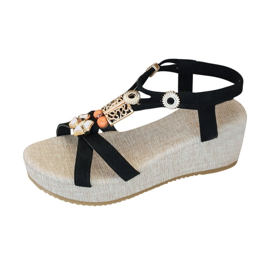 Xfvqtps Flatform Sandals Women Wedge Elastic Metal Beads Decoration Cross Straps Open Toe Summer Slide Sandals Black