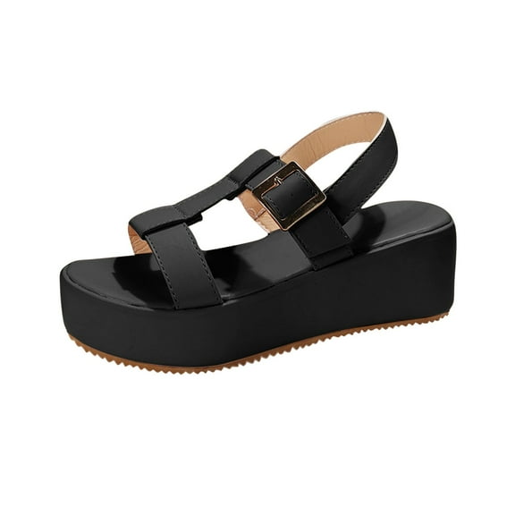 Xfvqtps Flatform Sandals Women Wedge Open Toe Buckle Straps Slingback Solid Color Summer Sandals Black