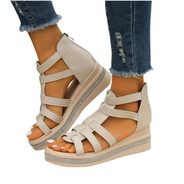 Xfvqtps Flatform Sandals Women Wedge Zipper Back Open Toe Rhinestone Non Slip Casual Gladiator Sandals Beige