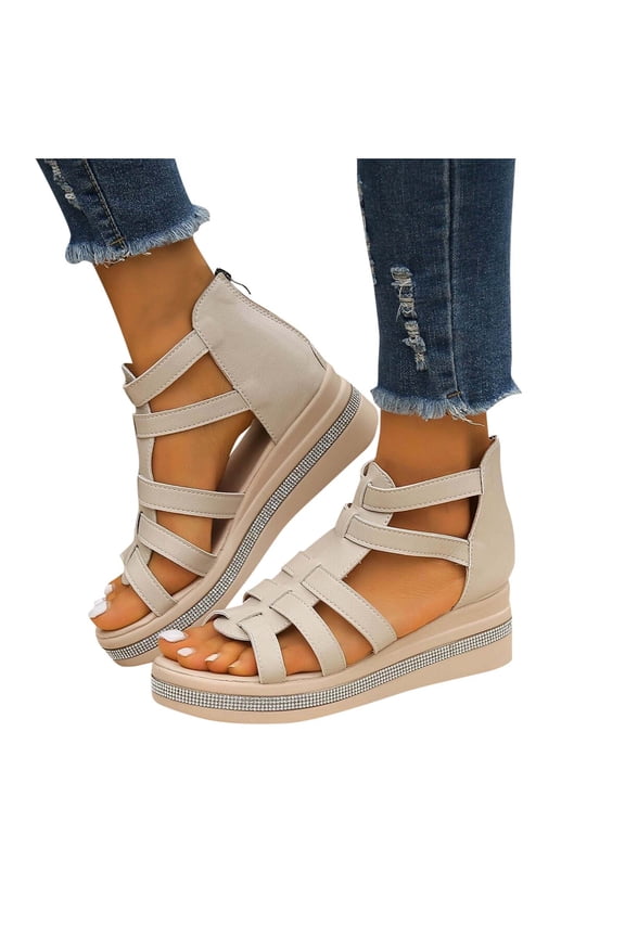 Flatform Sandals Women Wedge Zipper Back Open Toe Rhinestone Non Slip Casual Gladiator Sandals Beige