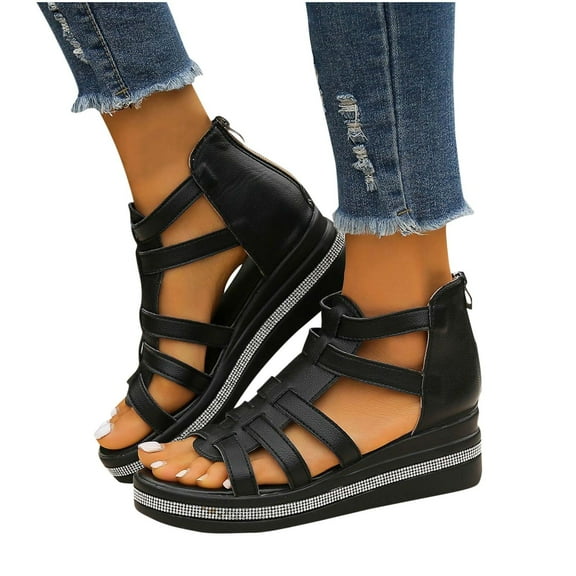 Xfvqtps Flatform Sandals Women Wedge Zipper Back Open Toe Rhinestone Non Slip Casual Gladiator Sandals Black