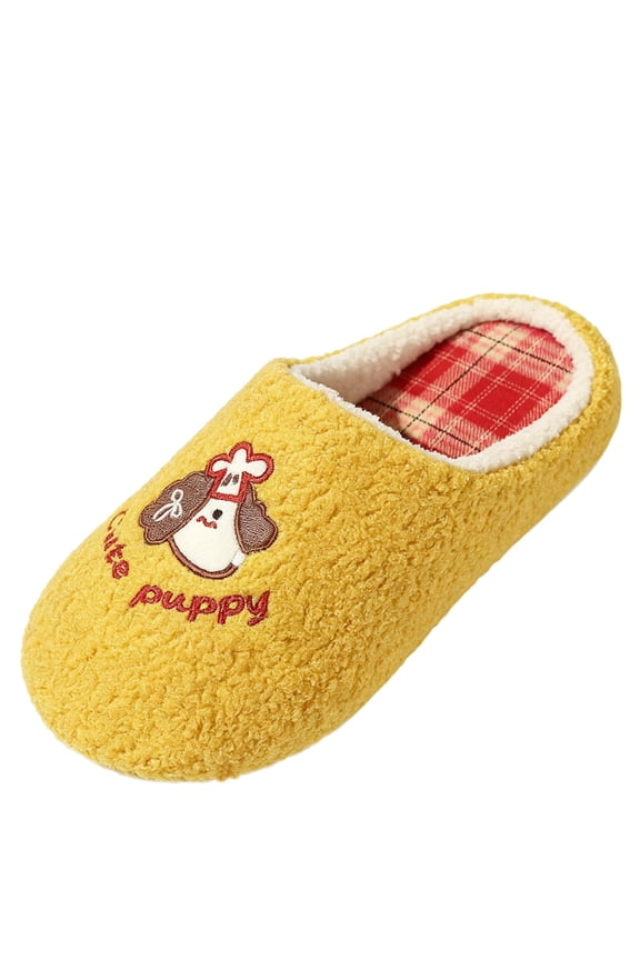 Plus Size Womens Slippers Closed Toe Plaid Puppy Embroidery Warm Comfortable Slide Soft Fleece House Shoes