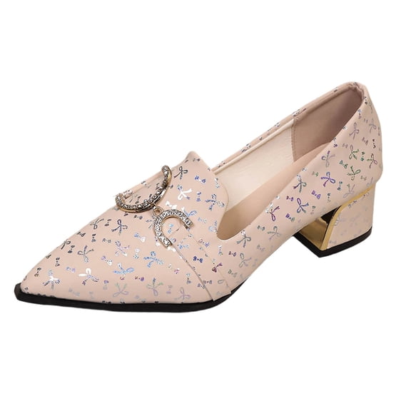 Xfvqtps Pointed Toe Loafers for Women Block Heel Rhinestone Buckle Glitter Bow Print Casual Dressy Shoes Fashion Footwear
