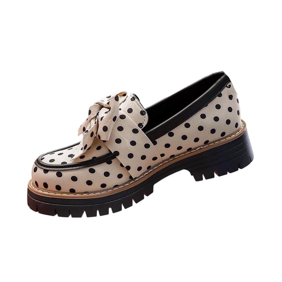 Xfvqtps Polka Dot Loafers for Women with Bow Thick Sole Slip on Office Work Business Dressy Casual Shoes