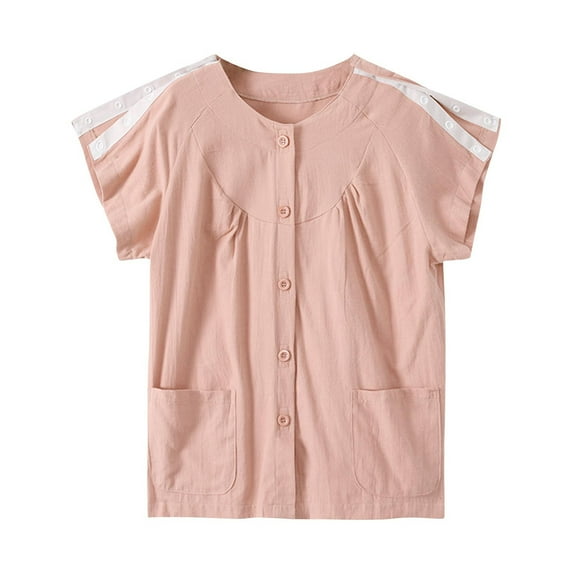Xfvqtps Post Shoulder Surgery Recovery Tops with Snap Button for Women Crew Neck Tear Away Shirts Easy To Wear and Take Off Postoperative Care Tops Pink