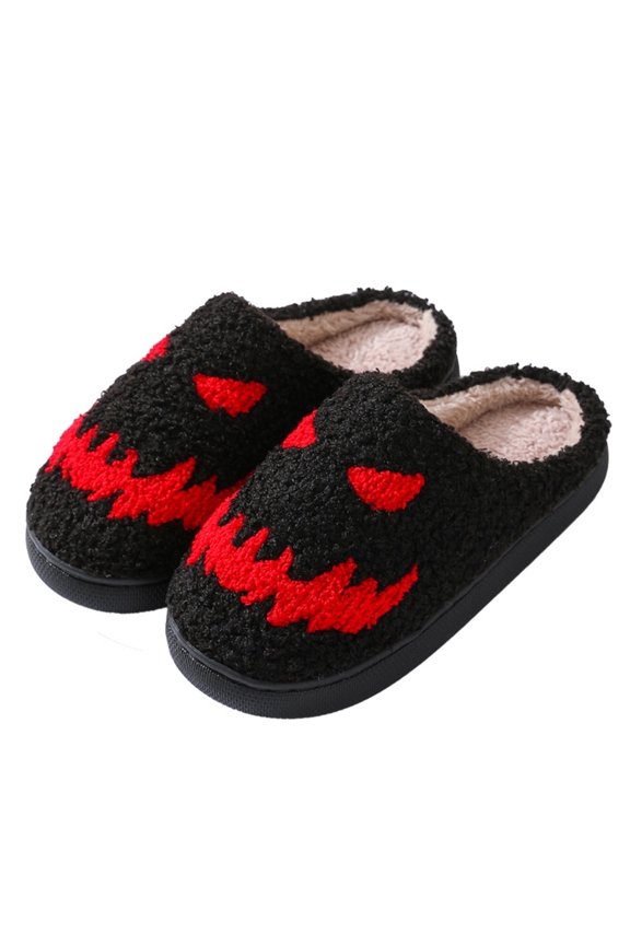 Xfvqtps Pumpkin Face Slippers for Womens Mens Ghost Face Fluffy Plush Warm Winter Non-Slip House Shoes Soft Bottom Indoor Couple Cotton Slippers Black