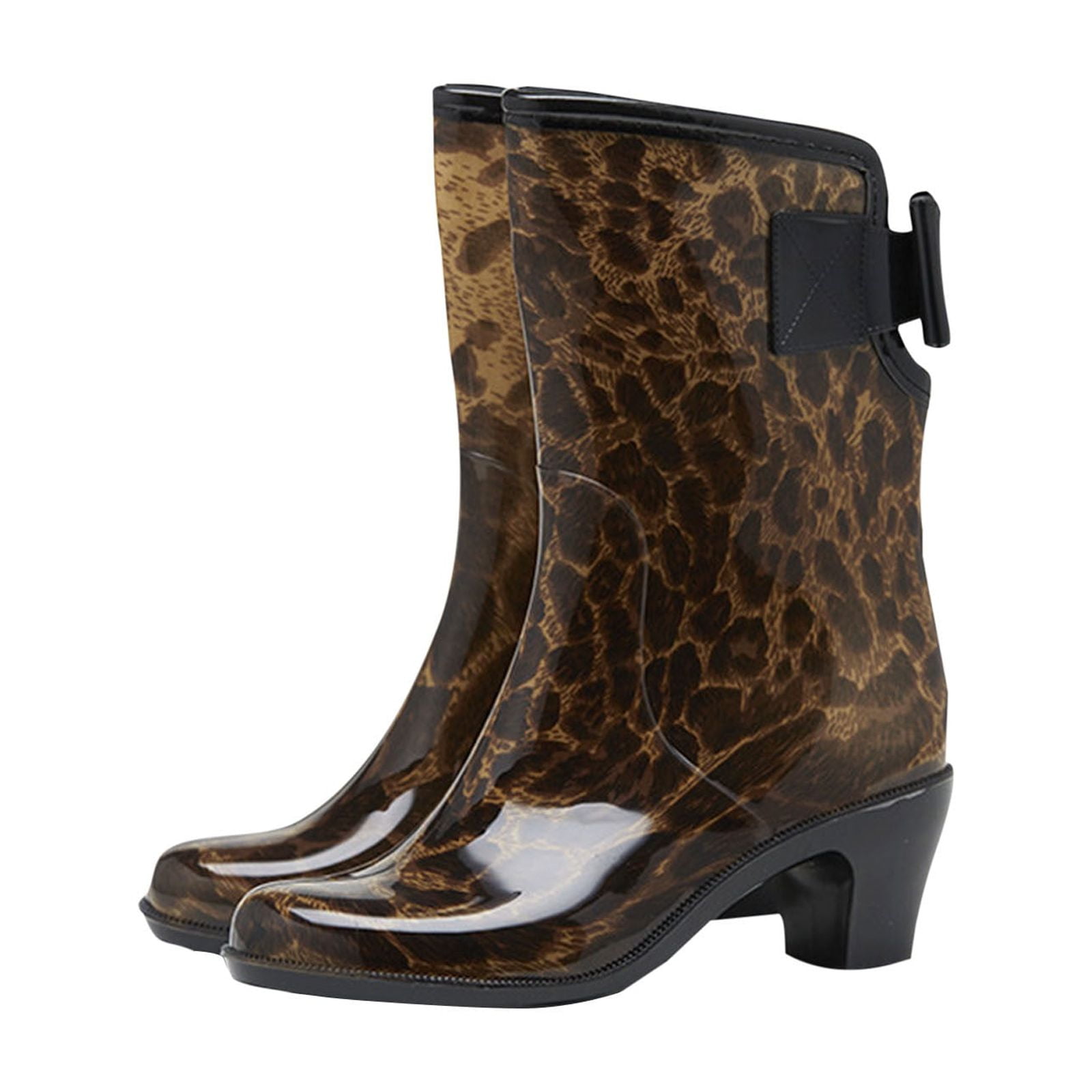 Xfvqtps Rain Boots for Women Mid Calf Chunky Mid Heels Bowknot Leopard Print Spot Motorcycle Boots Waterproof Non Slip Rubber Sole Outdoor Work Rain Shoes Camouflage