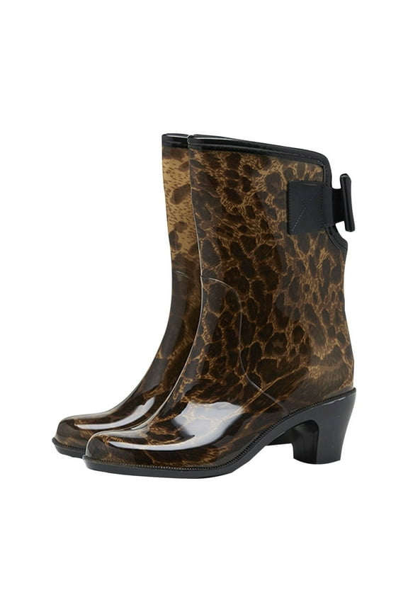 Rain Boots for Women Mid Calf Chunky Mid Heels Bowknot Leopard Print Spot Motorcycle Boots Waterproof Non Slip Rubber Sole Outdoor Work Rain Shoes Camouflage