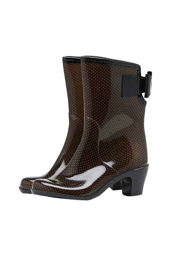 Rain Boots for Women Mid Calf Chunky Mid Heels Bowknot Leopard Print Spot Motorcycle Boots Waterproof Non Slip Rubber Sole Outdoor Work Rain Shoes Brown