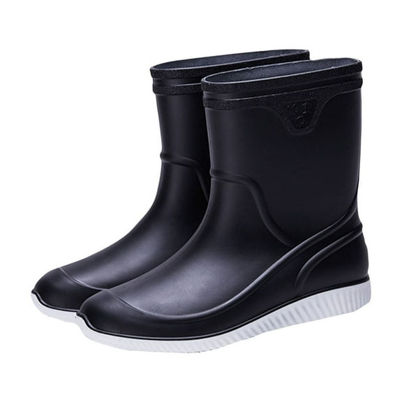 Xfvqtps Rain Boots for Mens Mid Calf Thick White Sole Solid Color Simplicity Waterproof Non Slip Rubber Sole Outdoor Work Rain Shoes Black