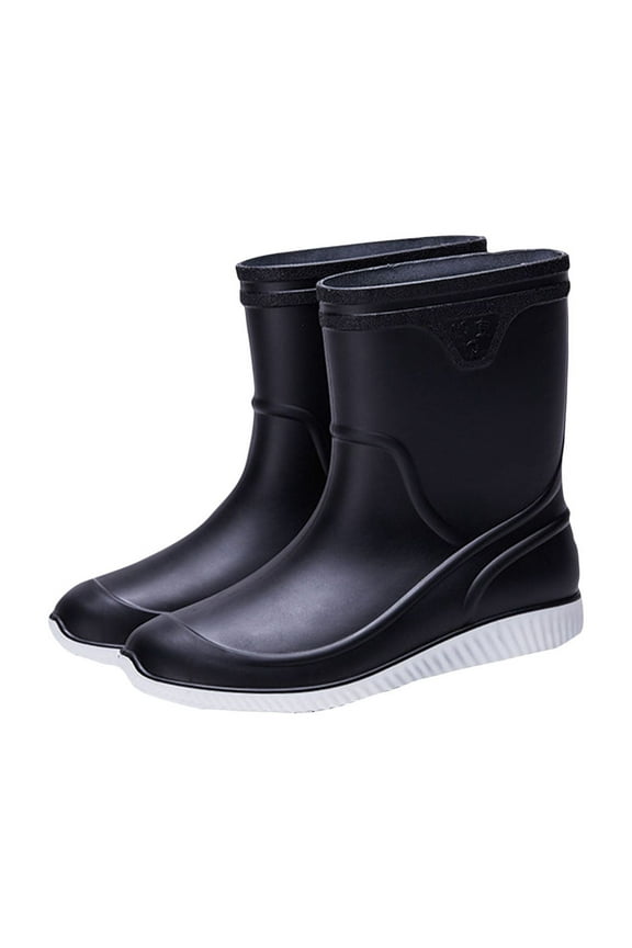 Rain Boots for Mens Mid Calf Thick White Sole Solid Color Simplicity Waterproof Non Slip Rubber Sole Outdoor Work Rain Shoes Black