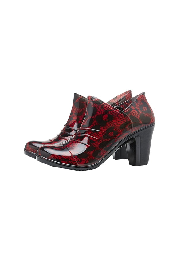 Rain Boots for Women Low Cut Chunky Mid Heels Fold Print Waterproof Non Slip Rubber Sole Outdoor Work Rain Shoes Red
