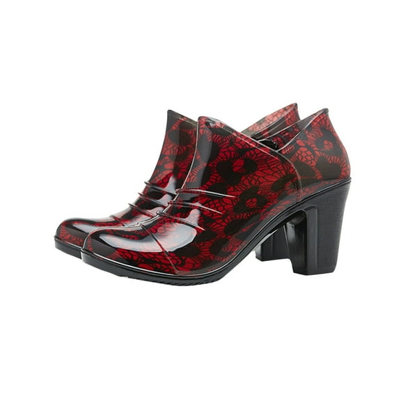 Xfvqtps Rain Boots for Women Low Cut Chunky Mid Heels Fold Print Waterproof Non Slip Rubber Sole Outdoor Work Rain Shoes Red