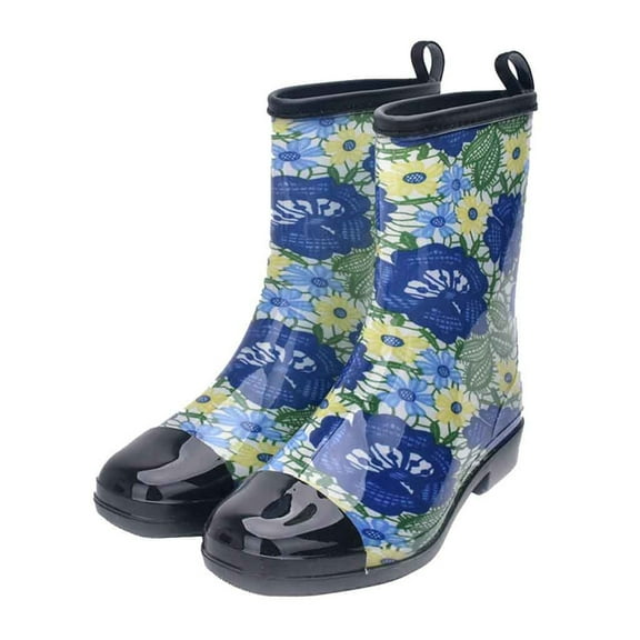 Xfvqtps Rain Boots for Women Mid Calf Flower Print Black Toe Cap Garden Shoes Waterproof Non Slip Rubber Sole Outdoor Work PVC Rain Shoes Blue