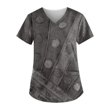 Xfvqtps Retro Scrub Tops for Women Comfortable Lightweight Medical Nursing Uniform Fashion Short Sleeve V-Neck Working Uniform with Pocket Gray
