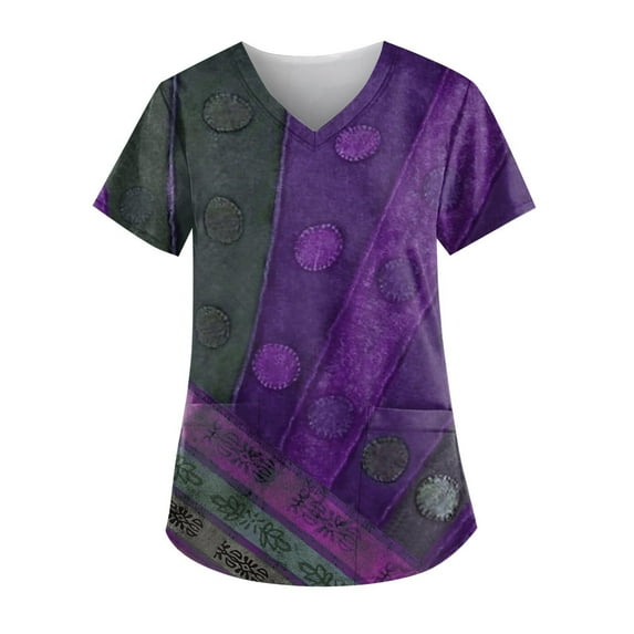 Xfvqtps Retro Scrub Tops for Women Comfortable Lightweight Medical Nursing Uniform Fashion Short Sleeve V-Neck Working Uniform with Pocket Purple