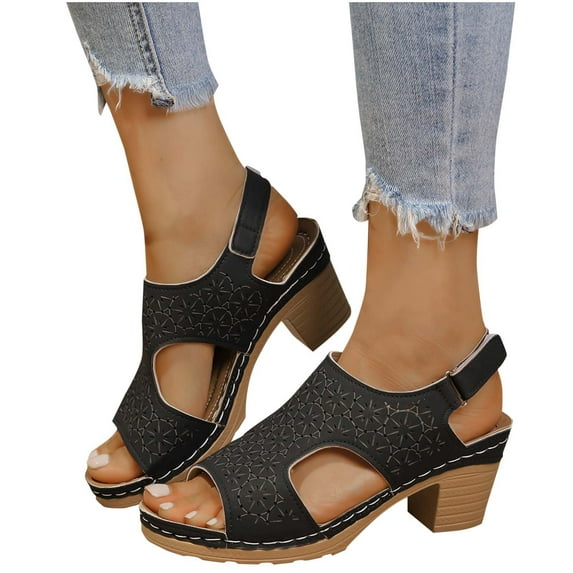 Xfvqtps Sandal Heels for Womens Slingback Hook and Loop Strap Block Chunky Heel Flower Shaped Hollow out Peep Toe Summer Casual Sandals Black