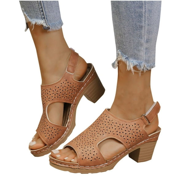 Xfvqtps Sandal Heels for Womens Slingback Hook and Loop Strap Block Chunky Heel Flower Shaped Hollow out Peep Toe Summer Casual Sandals Brown