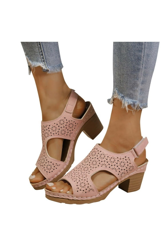 Sandal Heels for Womens Slingback Hook and Loop Strap Block Chunky Heel Flower Shaped Hollow out Peep Toe Summer Casual Sandals Pink
