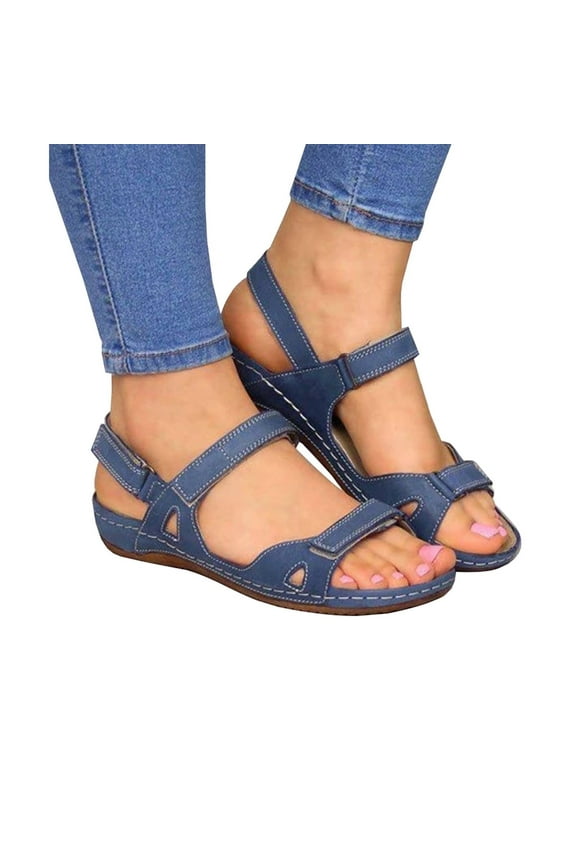 Xfvqtps Sandals for Womens Ankle Strap Low Wedge Arch Support Open Toe Hollow out Solid Color Simplicity Soft Sole Non Slip Comfortable Breathable Beach Summer Walking Casual Shoes