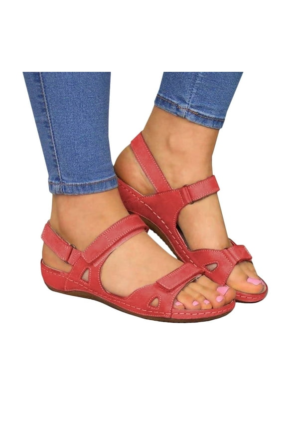 Xfvqtps Sandals for Womens Ankle Strap Velcro Low Wedge Arch Support Open Toe Hollow out Solid Color Simplicity Soft Sole Non Slip Comfortable Breathable Beach Summer Walking Casual Shoes Red