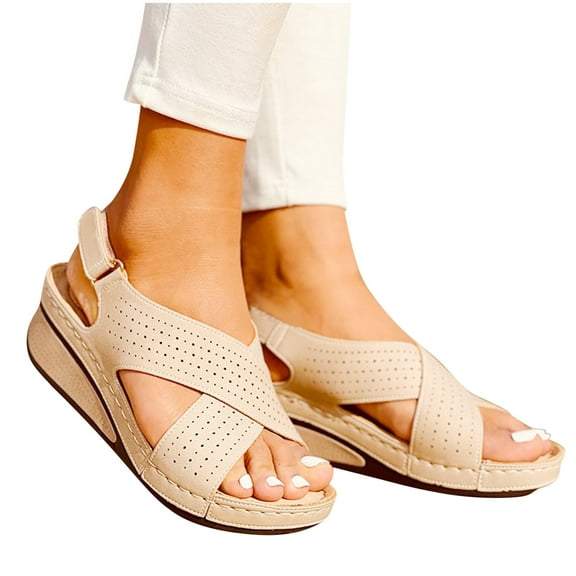 Xfvqtps Sandals for Womens Cross Straps Arch Support Mid Wedge Thick Sole Open Toe Hollow out Breathable Hook and Loop Soft Sole Non Slip Beach Summer Walking Casual Shoes Beige