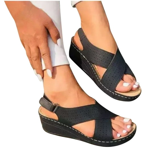 Xfvqtps Sandals for Womens Cross Straps Arch Support Mid Wedge Thick Sole Open Toe Hollow out Breathable Hook and Loop Soft Sole Non Slip Beach Summer Walking Casual Shoes Black