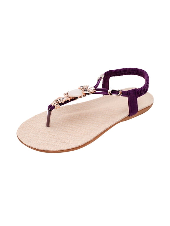 Sandals for Womens Flip Flop Flat Bottomed Open Toe Ankle Elastic Strap Bohemian Owl Shape Decor Breathable Non Slip Beach Summer Casual Shoes Purple