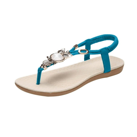 Xfvqtps Sandals for Womens Flip Flop Flat Bottomed Open Toe Ankle Elastic Strap Bohemian Owl Shape Decor Breathable Non Slip Beach Summer Casual Shoes Sky Blue