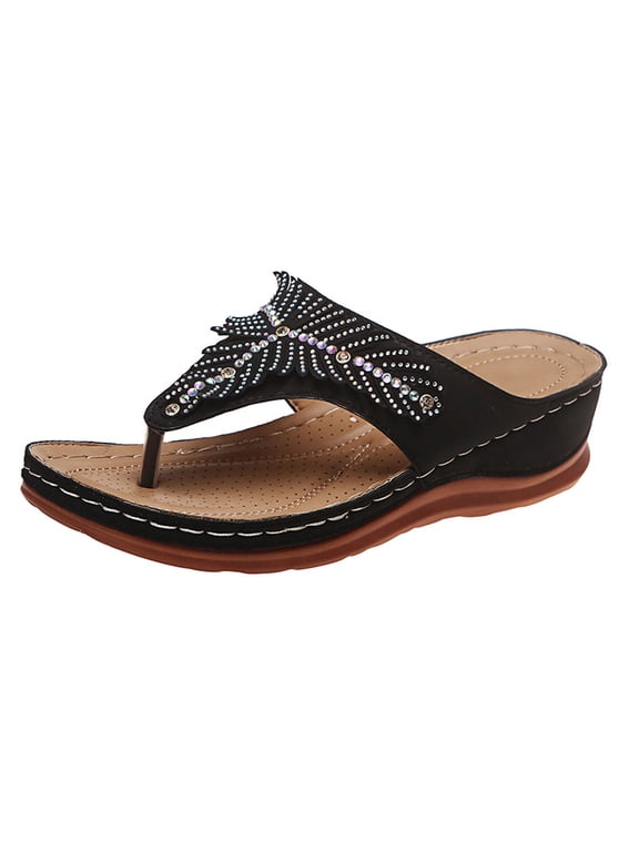 Sandals for Womens Flip Flop Slip on Arch Support Low Wedge Thick Bottom Open Toe Rhinestone Decor Bilingbiling Soft Sole Comfortable Non Slip Beach Summer Thong Shoes Black
