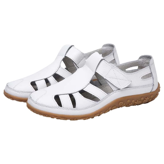 Xfvqtps Sandals for Womens Leather Ankle Hook and Loop Arch Support Thick Sole Close Toe Hollow out Solid Color Soft Sole Non Slip Comfortable Breathable Beach Summer Walking Casual Shoes White