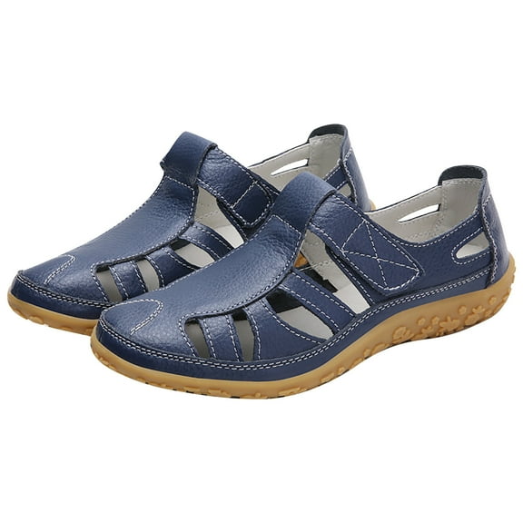 Xfvqtps Sandals for Womens Leather Ankle Hook and Loop Low Wedge Arch Support Thick Sole Close Toe Hollow out Soft Sole Non Slip Comfortable Breathable Beach Summer Walking Casual Shoes Navy