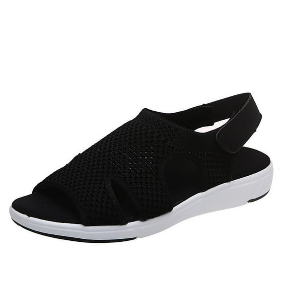 Xfvqtps Sandals for Womens Open Peep Toe Low Wedge Heels Mesh Hollow out Thick Bottom Soft Sole Non Slip Comfortable Breathable Summer Outdoor Walking Casual Shoes Black