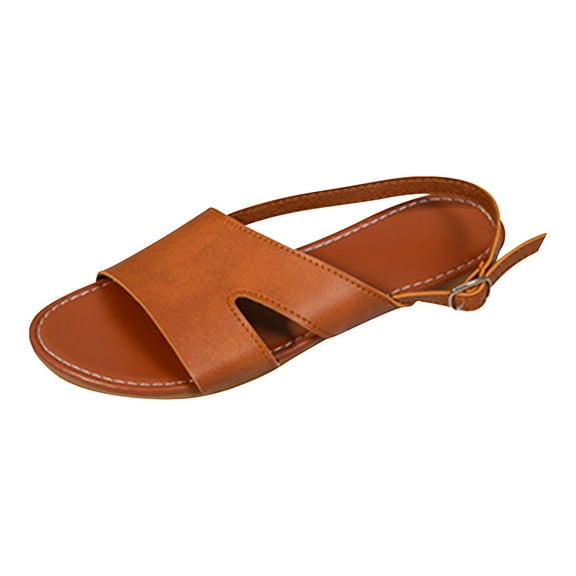 Xfvqtps Sandals for Womens Slingback Flat Bottomed Open Toe Slip on Solid Color Simplicity Adjustable Buckle Non Slip Breathable Beach Summer Casual Shoes Brown