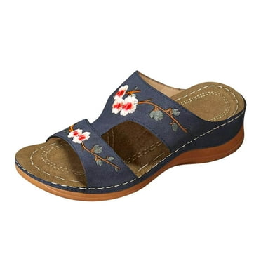 Xfvqtps Sandals for Womens Slip on Flower Embroidery Open Toe Arch Support Low Wedge Heels Thick Bottom Soft Sole Non Slip Comfortable Breathable Beach Summer Walking Casual Shoes Blue