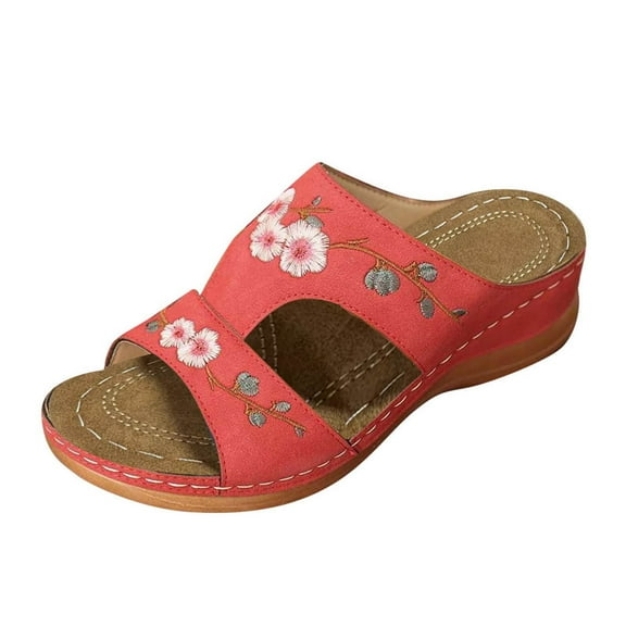 Xfvqtps Sandals for Womens Slip on Flower Embroidery Open Toe Arch Support Low Wedge Heels Thick Bottom Soft Sole Non Slip Comfortable Breathable Beach Summer Walking Casual Shoes Red