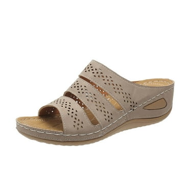 Xfvqtps Sandals for Womens Slip on Three Straps Open Toe Hollow out Arch Support Low Wedge Heels Thick Bottom Soft Sole Non Slip Comfortable Breathable Beach Summer Walking Casual Shoes Beige