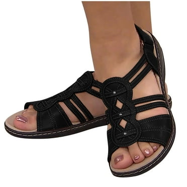 Xfvqtps Sandals for Womens Straps Arch Support Low Wedge Thick Bottom Open Toe Hollow out Hook and Loop Soft Sole Non Slip Beach Summer Walking Casual Shoes Black
