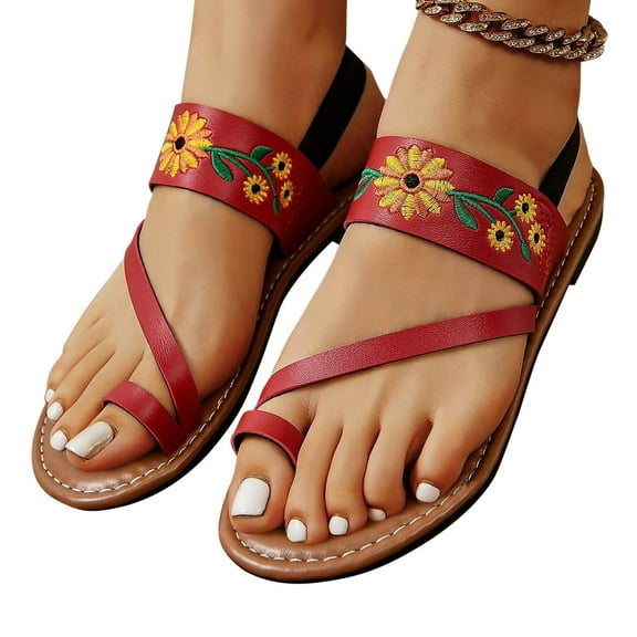 Xfvqtps Sandals for Womens Toe Ring Flip Flop Sandals Flower Embroidered Flat Bottomed Open Toe Slip on Elastic Band Non Slip Beach Summer Thong Sandals Red