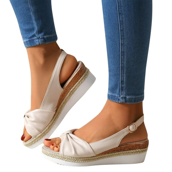 Xfvqtps Sandals for Womens Wedge Heel Slingback Open Peep Toe Bow Leather Surface Rope Sole Adjustable Buckle Linen Breathable Non Slip Beach Summer Casual Shoes Beige