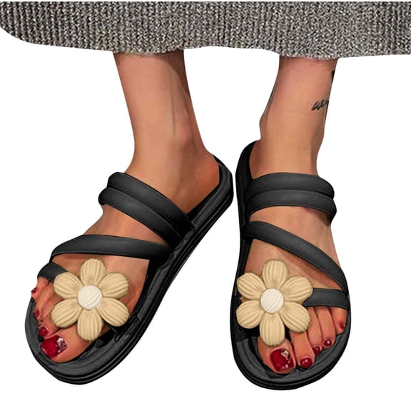 Xfvqtps Sandals for Women 2025 Thick Sole Straps Flower Decor Open Toe Beach Summer PVC Sandals Black