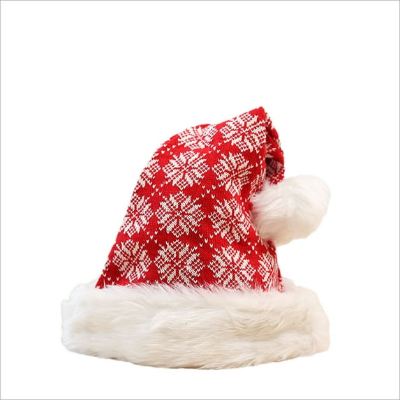 Xfvqtps Santa Hats for Adults Knitting Plush Brim Pompom Furry Christmas Snowflake Print Party Decoration Christmas Gift Christmas Hat Red