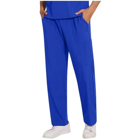 Xfvqtps Scrub Pants for Men Multi-Pocket Stretch Yoga Scrub Joggers Anti-Wrinkle Elastic Waist Medical Nursing Jogger Pants Solid Color Loose Work Pants Blue