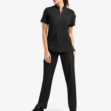 Xfvqtps Scrub Set for Women Half Zip Stretch Scrub Top and Elastic Waist Scrub Pants Solid Color Protective Work Suit Set Working Uniforms With Pockets Black