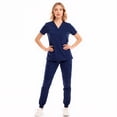thumbnail image 1 of Xfvqtps Scrub Set for Women Solid Color V-Neck Stretch Scrub Top Elastic Waist Jogger Scrub Pants with Pocket Short Sleeve Working Nursing Uniforms Set Navy, 1 of 9