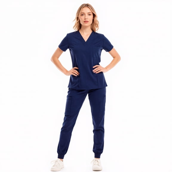 Xfvqtps Scrub Set for Women Solid Color V-Neck Stretch Scrub Top Elastic Waist Jogger Scrub Pants with Pocket Short Sleeve Working Nursing Uniforms Set Navy