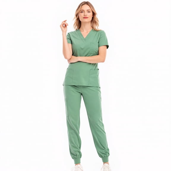 Xfvqtps Scrub Set for Women Solid Color V-Neck Stretch Scrub Top Elastic Waist Jogger Scrub Pants with Pocket Short Sleeve Working Nursing Uniforms Set Green