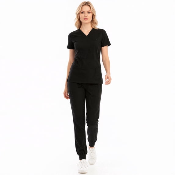 Xfvqtps Scrub Set for Women Solid Color V-Neck Stretch Scrub Top Elastic Waist Jogger Scrub Pants with Pocket Short Sleeve Working Nursing Uniforms Set Black